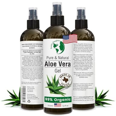 Earth's Daughter Organic Aloe Vera Gel from 100% Pure and Natural Cold Pressed Aloe – Moisturizes - Great for Face - Hair- Sunburn - Aftershave - Bug Bites - 12 oz.