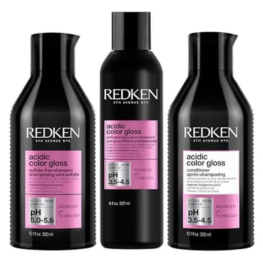 Redken Acidic Color Gloss Sulfate-Free Shampoo, Conditioner, and Glossing Treatment Set For Color-Treated Hair - Preserves Vibrancy and Extends Shine With Citric Acid & Apricot Oil