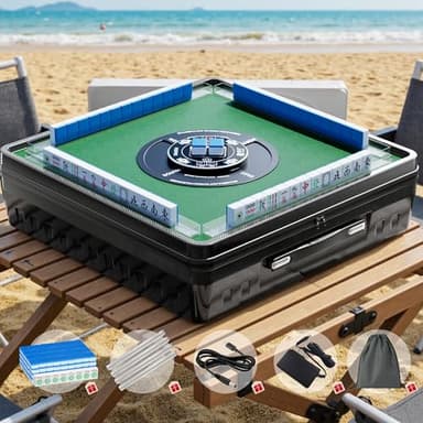 PYY Portable Automatic Mahjong Table - Foldable 144 Magnetic Mini Mahjong Tiles, Smooth Non-Jamming Shuffling, Supports American & Chinese Styles, for Outdoor & Home Fun, Black-Blue