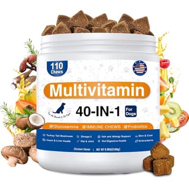 GuruAmi Dog Multivitamin, 40-in-1 Dog Vitamins and Supplements Chewable Contain Probiotics Omega-3 Glucosamine, Multivitamin for Dogs Skin Coat Heart Joint Liver Brain Eyes Immune Support (110ct)