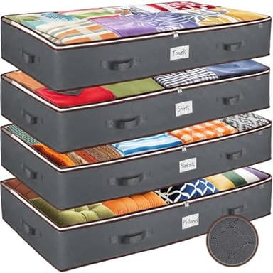 Under Bed Storage Bins - Pack Of 4 Under The Bed Storage Containers For Clothes, Blankets, Winter Clothing, & Shoes - Underbed Storage Containers With Handles, Dual Zippers, & Clear Top