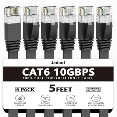 Jadaol Cat 6 Ethernet Cable 5 ft 6-Pack, 10Gbps Support Cat8 Cat7 Network, Flat High Speed LAN Internet Patch Cables, Short Ethernet Cables for Router, Modem, Switch, PC, Laptop, Gaming Console, Black