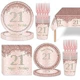 121Pcs 21st Birthday Party Supplies Plates Napkins Cups Forks Tablecloth Rose Gold Happy 21st Birthday Themed Disposable Tableware Decorations Serves 24 Guests for Women Her 21 Years