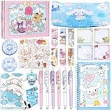 Cinnamon Roll School Supplies Set, Cute Kawaii School Supplies Gift Set, Including Gel Pens Cartoon Journal Notebook Pencil Cse ID Badge Holder Stickers Key Chain Bookmark Pins Sticky Notes Blue