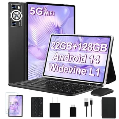 DEERTiME Android 14 Tablet 10.1 Inch 8000mAh Battery Tablets with 22GB RAM 128GB ROM 2TB Expand, Octa-Core HD Touchscreen Tablet with Keyboard, Mouse, Support Widevine L1, Split-Screen - Black