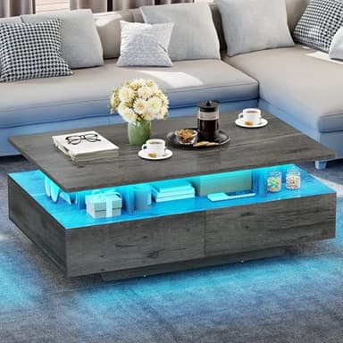 YITAHOME LED Coffee Tables for Living Room, Farmhouse Coffee Table with Storage 4 Drawers and Open Compartment, Modern Rectangle Coffee Tables Small Wood Tables for Home Decor, Office, Grey