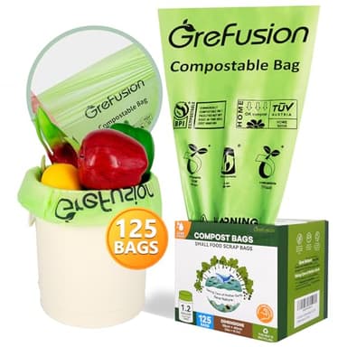GreFusion Compostable Bags for Kitchen Compost Bin, 1.2 Gallon, 125 Count, Certified by BPI and ASTM, Leakproof and Odor Control