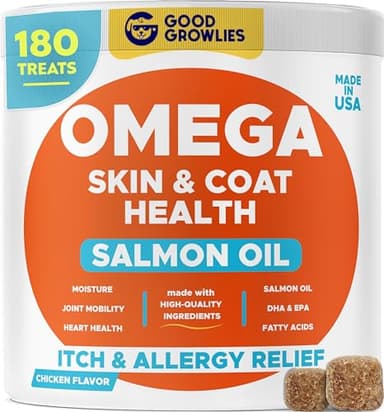 Omega 3 Fish Oil for Dogs (180 Ct) - Skin & Coat Chews - Dry & Itchy Skin Relief + Allergy Support - Shiny Coats - EPA&DHA Fatty Acids - Natural Salmon Oil Chews Promotes Heart, Hip & Joint Support