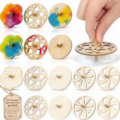 Balacoo 40 Pcs DIY Wooden Spinning Tops Craft Kit: 5 Geometric Shapes Unfinished Wood Gyros for Kids - Creative STEM Arts and Crafts Toys for Birthday Party Favors Classroom Rewards