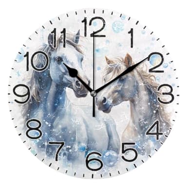 ALAZA White Horses with Blue Bubble Wall Clock Battery Operated Non Ticking Silent Quartz Analog Rustic Farmhouse Round Clock Retro Decor for Home Kitchen Living Room Bathroom