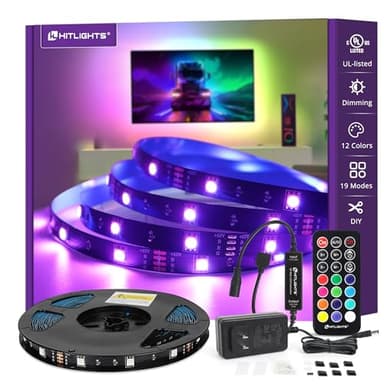32.8ft LED Strip Lights, HitLights RGB 5050 Color Changing LED Light Kit Ultra Brighter 300LEDs Flexible Light Strips with RF Remote and UL Power Supply for Home Room Party TV Bedroom