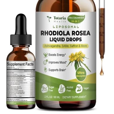 Totaria 16-in-1 Liposomal Rhodiola Rosea Supplement Tincture 1000mg, Ultra Strength Rhodiola 10:1 Root Extract w/Ashwagandha, Rhodiola Liquid Drops for Natural Relaxation, Mood, Energy, Alcohol-Free