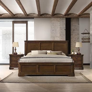 Roundhill Furniture Maderne 3-Piece Bedroom Set with King Size Panel Bed and Two Nightstands, Antique Walnut Finish