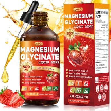 Magnesium Glycinate Liquid Drops 500mg – High Absorption with Vitamin B6, D3, C, Zinc – Supports Mood, Sleep, Heart & Bone Health – Vegan, Non-GMO, Gluten Free – 2 FL OZ, Strawberry Flavor