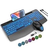 Wireless Keyboard and Mouse Backlits, Wrist Rest, Jiggler Mouse, Rechargeable Ergonomic Keyboard with Phone Holder, Silent Light Up Combo for Computer, Mac, PC, Laptop, Chromebook (Black Large Print)