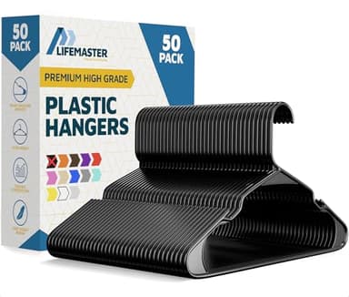 Lifemaster Plastic Clothes Hanger Set - 50 Pieces Versatile, Lightweight, Space-Saving, Non-Slip, Slim Designed, Dry and Wet Clothes Hanger Set - Black