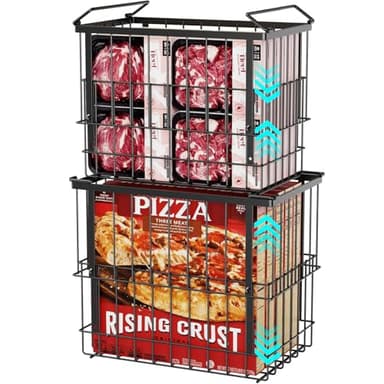 iSPECLE Freezer Organizer Bins, 2 Pack Fits 12" Pizza Adjustable for 5 to 7 Cu.Ft Chest Freezer, Stackable Wire Baskets with Handles, Heavy Duty Storage for Bulk Meat & Frozen Food, Black