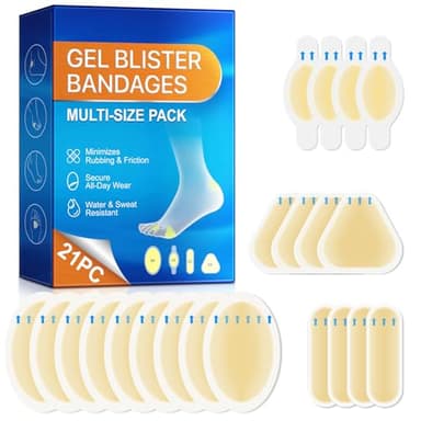 Gel Blister Bandages 21ct, Waterproof Hydrocolloid Blister Bandages for Foot Wound Quick-Healing Blister Cushions for Toe Heel All-Day Prevention, Variety Combo Pack