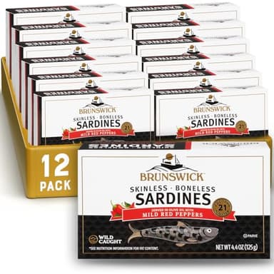 Brunswick Wild Caught Skinless and Boneless Sardines, Served in Olive Oil with Mild Red Peppers, 4.4 Oz (Pack of 12)