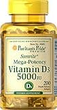 Puritan's Pride Premium Sunvite Mega-Potency Vitamin D3 5,000 IU, Dietary Supplement for Healthy Bones, Teeth and Immune System Support, 200 Rapid Release Softgels (Packaging May Vary)