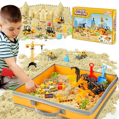 Billeeit Sand Construction Kit with Big Foldable Sandbox and 2.2lbs Moldable Sensory Play Sand, Truck Toys Including Castle Molds and Other Accessories - 36Psc Set Gifts for Kids 3+