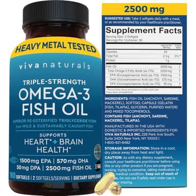 Omega 3 Fish Oil Supplement for Women and Men - 2500 mg Triple Strength Fish Oil per Serving with Omega 3 Fatty Acids Including EPA, DHA DPA - 180 Pescatarian-Friendly Softgels