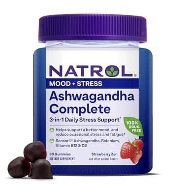 Natrol Ashwagandha Complete Gummy, 3-in-1 Daily Stress Support, Supports Better Mood, Reduces Occasional Stress and Fatigue, 30 Gummies, Up to a 15 Day Supply