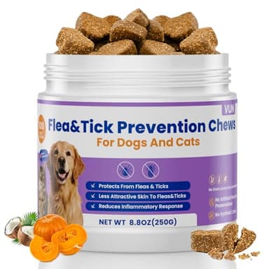 VUN Dog Flea and Tick Treatment Chewable,Natural Oral Flea Treatment for Cats,Relieve Itching& Biting,Flea Tick Prevention for Dogs Chews Supplement for Skin&Coat,All Breeds Sizes,100 Counts