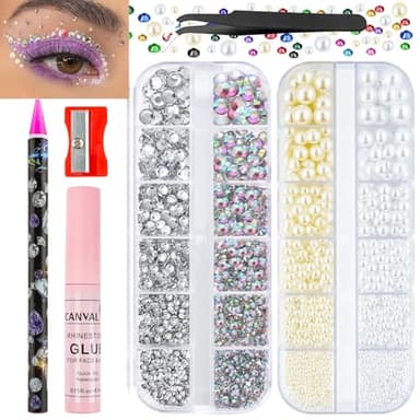 Canvalite Rhinestones for Face Makeup Face Gems AB & Clear Face Jewels for Women White & Beige Pearls Eye Hair Nail Gems Rhinestones with Quick Dry Makeup Glue, Rhinestones Picker, Tweezers
