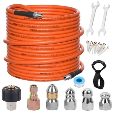 50FT Sewer Jetter Kit for Pressure Washer, 5800 PSI Water Jet Drain Cleaner Hose With Corner Rotating Button Nose Nozzle, 1/4 Inch NPT, Spanner Handle and Strap