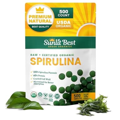 Sunlit Best Spirulina Tablets - Organic Spirulina Tablets USDA Premium 500 Count - Natural Spirulinas Organic Burst for Immune Support Muscle Growth, Energy Boost w/Chlorophyll - High Protein, Non GMO