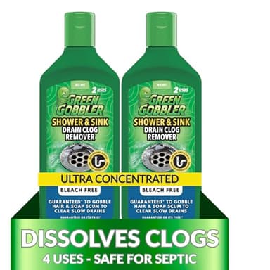 Green Gobbler Ultra Concentrated Drain Clog Remover & Cleaner | Powerful Hair, Grease & Soap Dissolver for Bathroom, Kitchen, Shower, Sink & Toilet | Safe for Pipes & Septic Systems | 2 Pack