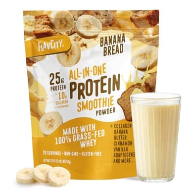 FlavCity All in One Protein Shake Powder, Banana Bread - On the Go Meal Alternative + Collagen Peptides, Reishi & Cordyceps - Focus, Skin, Hair & Joint Support - 100% Grass Fed Whey, 20 Servings