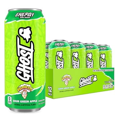 GHOST Energy Drink - 12-Pack, Warheads Sour Green Apple, 16oz - Energy & Focus & No Artificial Colors - 200mg of Natural Caffeine, L-Carnitine & Taurine - Gluten-Free & Vegan