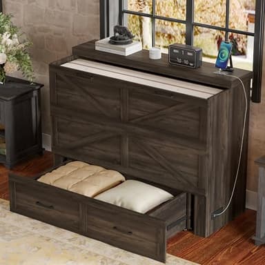 Bellemave Full Size Murphy Bed, Cabinet Bed with Charging Station and Storage, Farmhouse Murphy Cabinet with Foldable Panel, Noisy Free, for Guest Bedroom, Living Room, Office, Rustic Gray