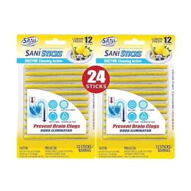 SANI 360° Sani Sticks Drain Cleaner and Deodorizer, 24 Count, Lemon Scent Enzyme Pipe Cleaners, Eliminate Odors, Prevent Clogged Drains, Safe for Sinks, Bathtub Drains, Septic Tanks