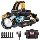 XILUO 150000 LM Bright Headlamp Zoomable Sensor Red Warning Light, 8 Modes 80 Hours Standby Battery Time Head Lamp, IP68 Waterproof and 120°Angle Head Light for Hunting Hiking Camping Emergency