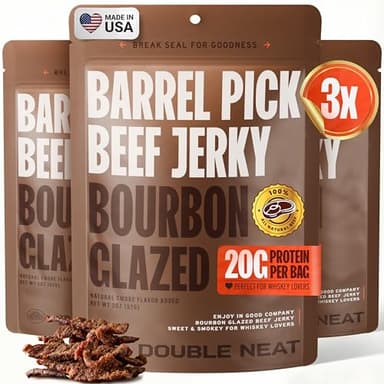 Double Neat Barrel Pick Bourbon Glazed Beef Jerky – Gluten Free Gourmet Stocking Stuffers Men – Whiskey Infused, Sweet, Smokey & Spicy, High Protein, Healthy Snacks – Low Sodium – Gourmet Beef Jerky Gifts for Men – 2 Ounces Each, Pack of 3