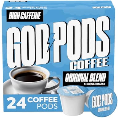 GOD PODS COFFEE High Caffeine, Medium Roast K Cups, Original Blend, Focus and Energy, Single Serve Coffee Pods, 24 Count