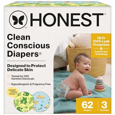 The Honest Company Clean Conscious Diapers®, Up to 100% Leak Protection, Designed to Protect Delicate Skin, Hypoallergenic + Fragrance-Free, UR Ribbiting + Waddle It Be, Club Box, Size 3, 62 Count