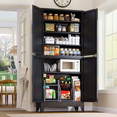 GAIOUS 75.2" Tall Metal Pantry Cabinet, Storage Cabinets with 4 Door and 4 Adjustable Shelves, Black Kitchen Pantry Storage Cabinet, Freestanding Cupboard for Kitchen Dining Room Living Room Bathroom