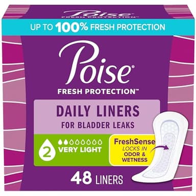 Poise Daily Liners, Incontinence Panty Liners for Bladder Leaks, 2 Drop Very Light Absorbency, Regular Length, 48 Count of Pantiliners, Packaging May Vary