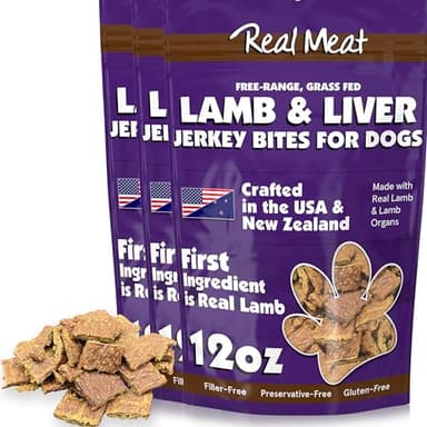 Real Meat Air-Dried Lamb & Liver Jerky Dog Treats - Three 12oz Bags, Bite-Sized, Grain-Free, 95% Human-Grade, Free-Range, Grass-Fed Lamb - All-Natural