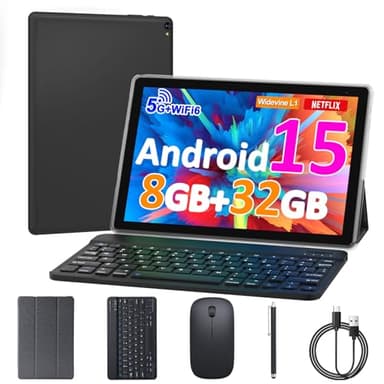 10 inch Android 15 Tablet, 8GB RAM 32GB ROM Powerful Quad-core CPU, 1280*800 Resolution Screen Tablet PC, 8MP Camera, 6000mAh Battery Computer, 2 in 1 Tablets with Keyboard, Case, Mouse, Stylus Laptop