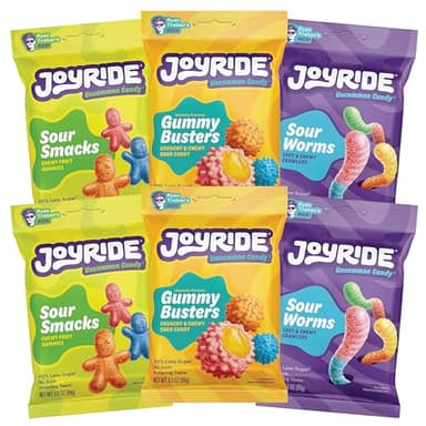 JOYRIDE All Star Variety 6 Pack - Gummy Busters, Sour Smacks, Sour Worms, Low Calorie Gummy Candy, Low Sugar, Dye Free (6 Items)