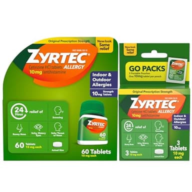 Zyrtec 24 Hour Allergy Relief Tablets, Indoor and Outdoor Allergy Medicine with 10 mg Cetirizine HCl per Antihistamine Tablet, Bundle Pack, 60 ct + 3 ct Travel Packs, 63 Count