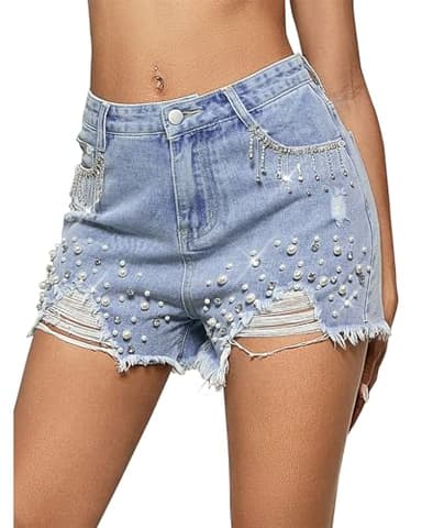 LifeShe Women's Rhinestone Pearl Beaded Denim Shorts Summer High Waist Frayed Raw Hem Jeans Shorts