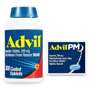 Advil Pain Reliever and Fever Reducer, Ibuprofen 200mg for Pain Relief - 300 Count, Advil PM Pain Reliever and Nighttime Sleep Aid, Ibuprofen for Pain Relief and Diphenhydramine Citrate - 2 Count