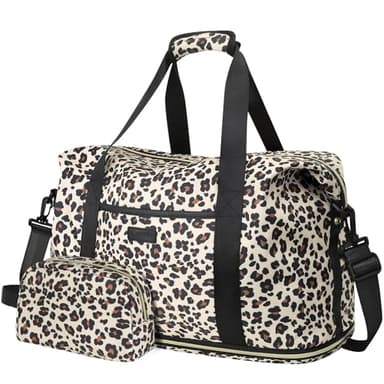 Expandable Travel Duffle Bag, Waterproof Weekender Overnight Bags for Women Men Hospital Bag for Women Labor Delivery Carry on Bag with Toiletry Bag for Travel Gym Airplanes(Leopard, Large)