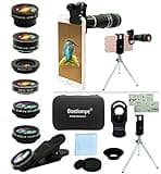 Cell Phone Camera Lens Kit,11 in 1 Universal 20x Telephoto 0.63Wide Angle 15X Macro 198°Fisheye 2X Telephoto Kaleidoscope CPL Starlight Eyemask Tripod,for Most iPhone Smartphone (Black)